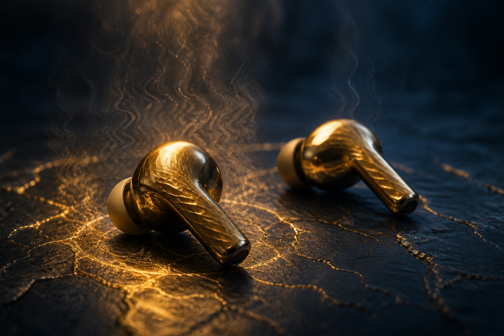 Gold wireless earbuds with heat shimmer on navy