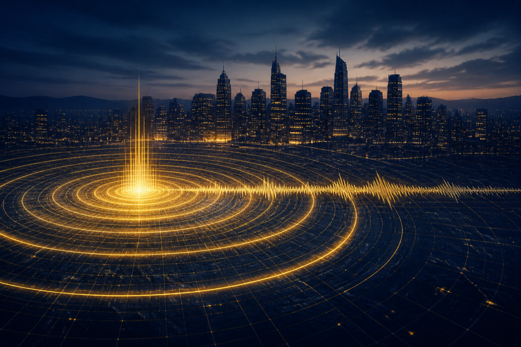 Gold seismic rings under a navy city skyline