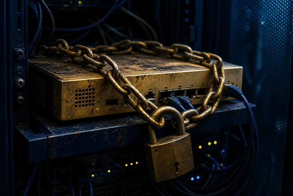 Dusty gold VPN box chained on a navy rack