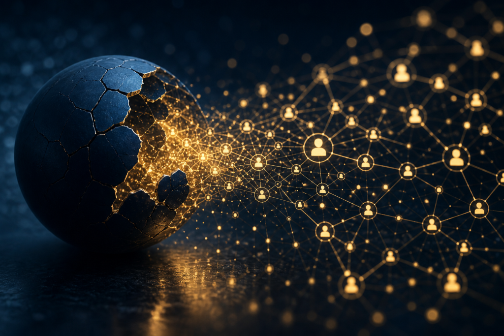Gold social graph leaking from a cracked navy sphere