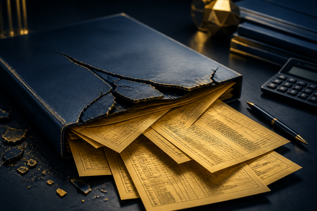 Gold tax forms leaking from a cracked navy folder