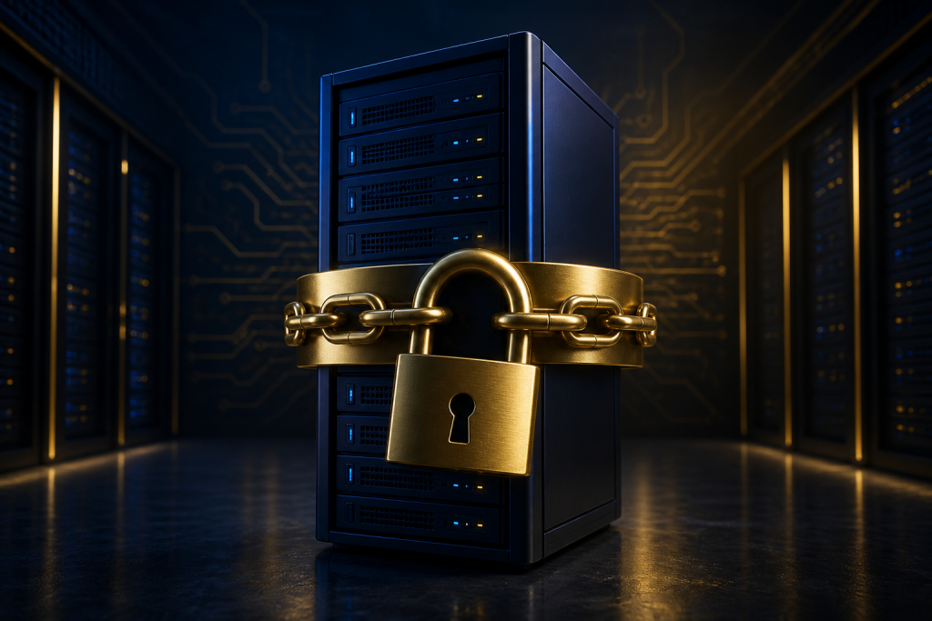 Gold padlock wrapping a navy server tower