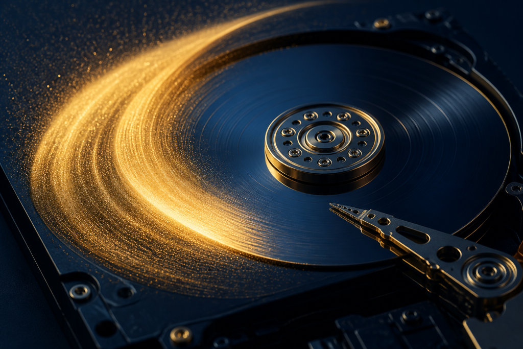 Gold wipe wave sweeping a navy hard drive platter