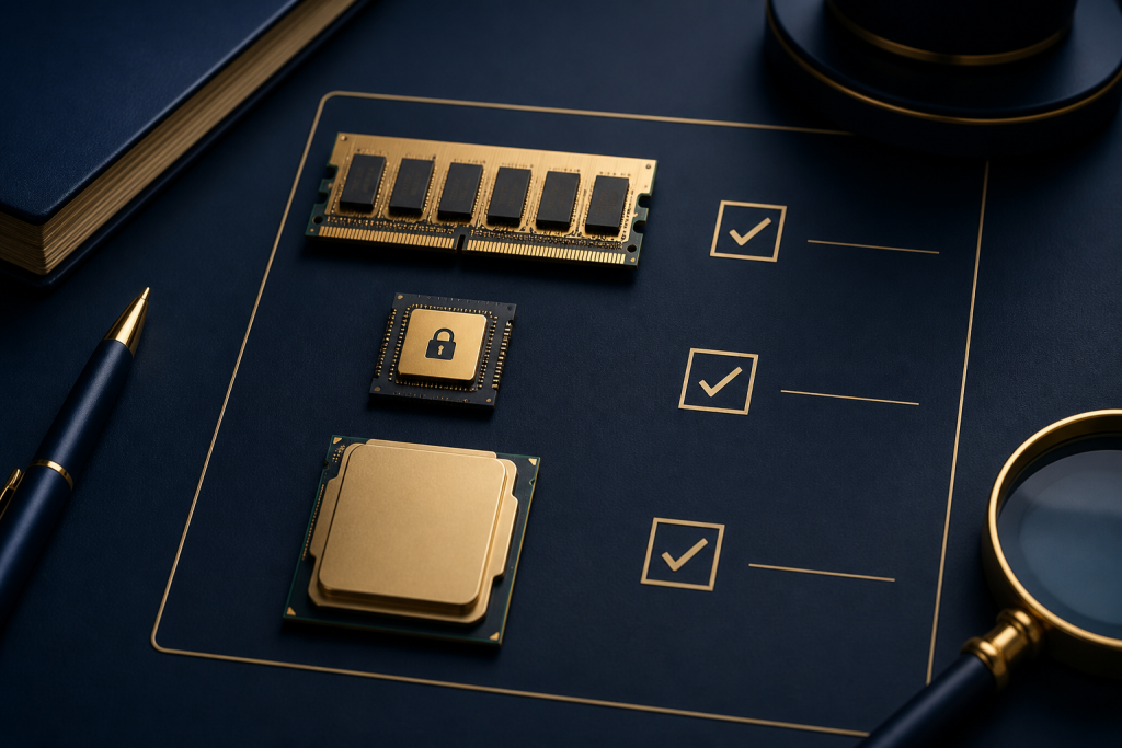 Gold RAM chip and CPU arranged like a hardware checklist