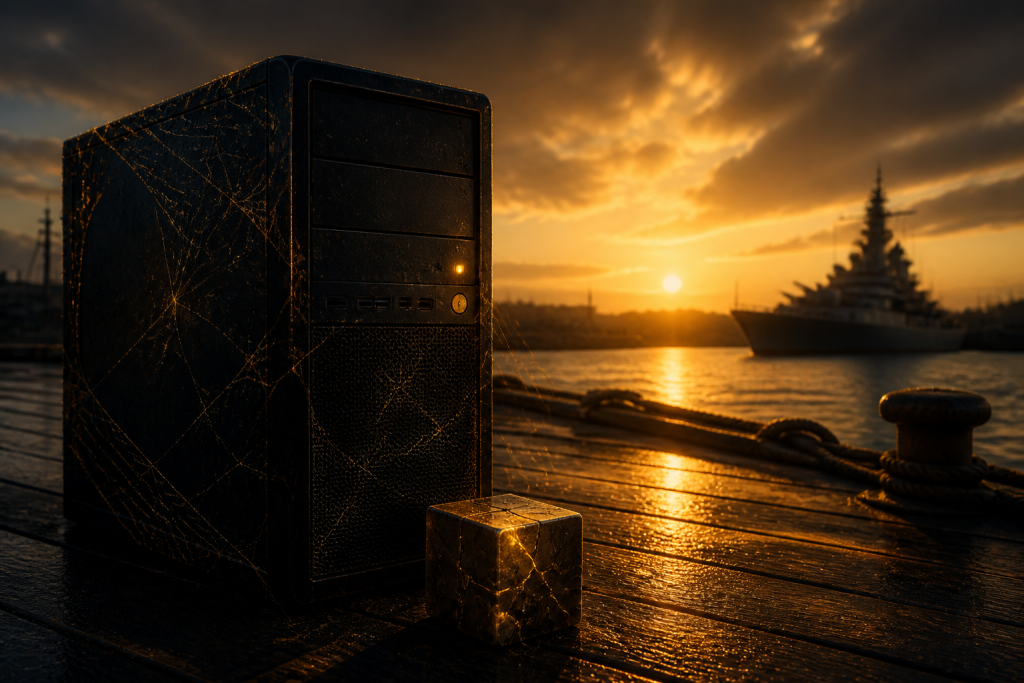 Retired navy PC tower at sunset with a cracked gold cube