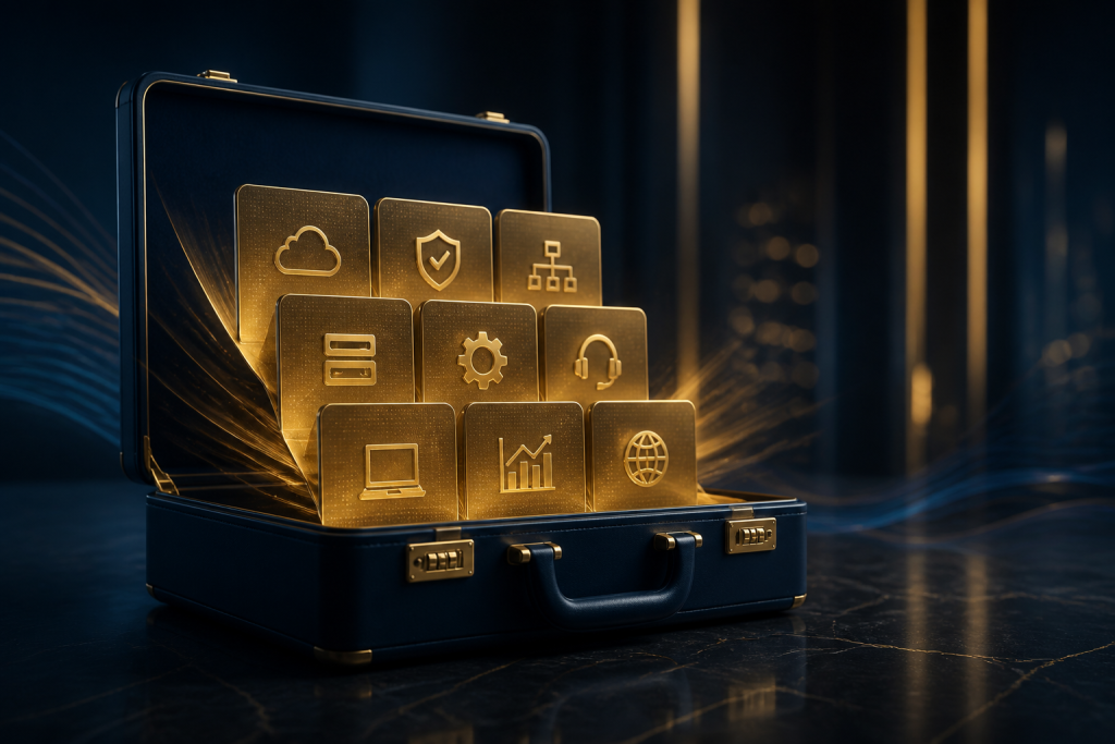 Gold service tiles unfolding from a navy briefcase