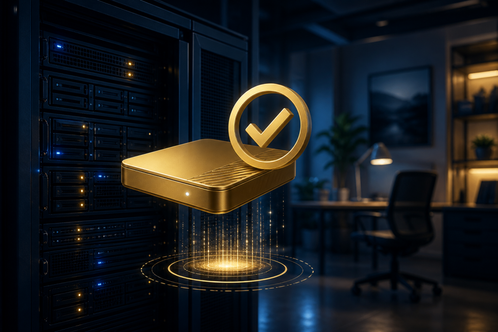 11172-backup-testing Gold backup drive and checkmark over a navy server rack