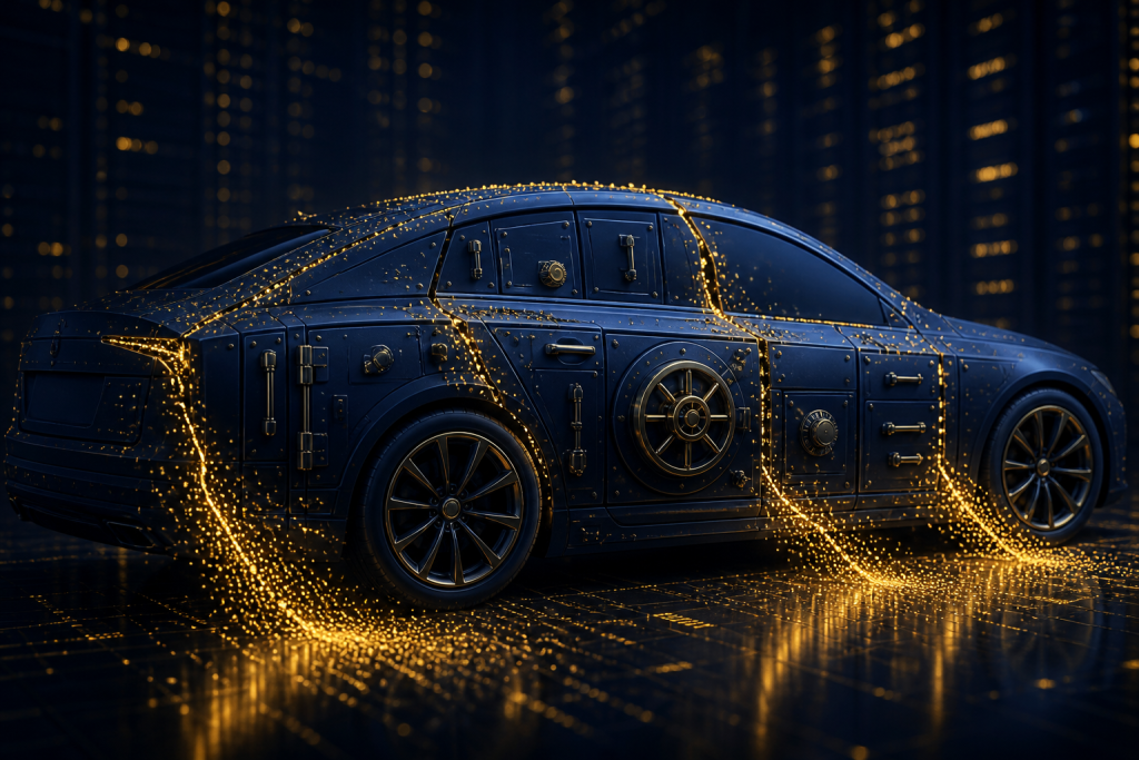 11199-tesla-breach Gold data motes leaking from a navy sedan-shaped vault