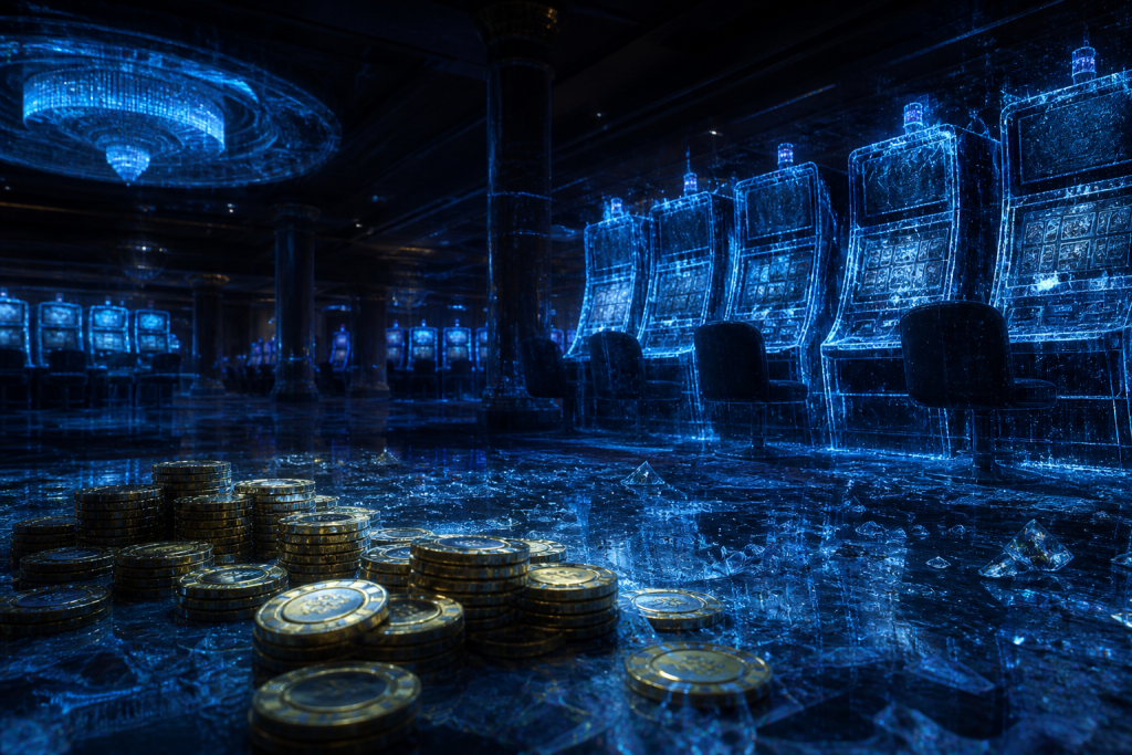 Gold casino chips in a darkened holographic lobby