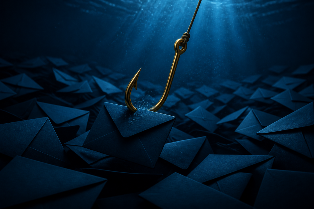 Gold fishing hook diving into a navy ocean of envelopes