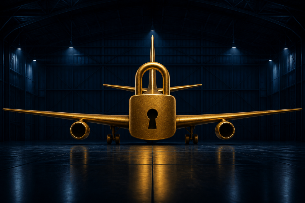 Gold aircraft with a ransomware padlock as the fuselage