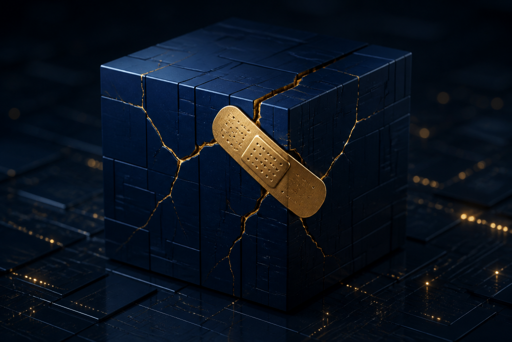 Gold bandage patching cracks on a navy OS cube