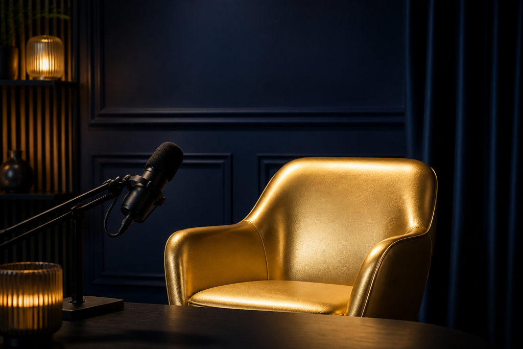 Empty gold guest chair and microphone on a navy podcast set