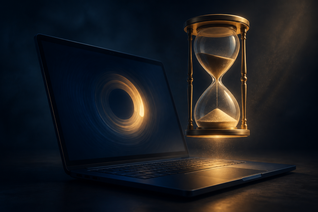 Gold hourglass hovering over a navy laptop
