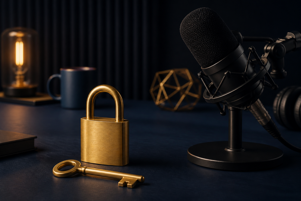 Gold padlock and key beside a navy podcast microphone