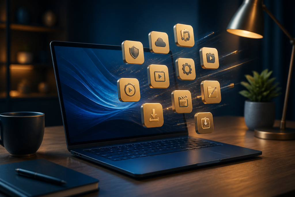 Gold app tiles floating over a navy laptop