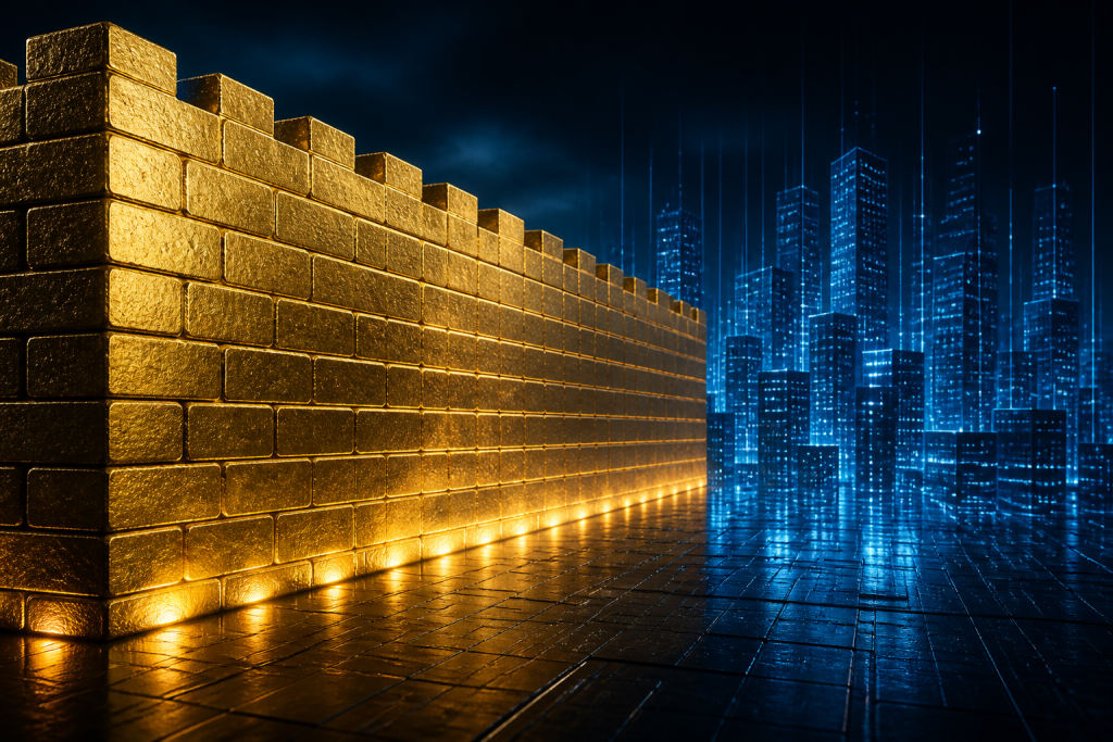 Gold brick firewall wall in front of a navy digital city