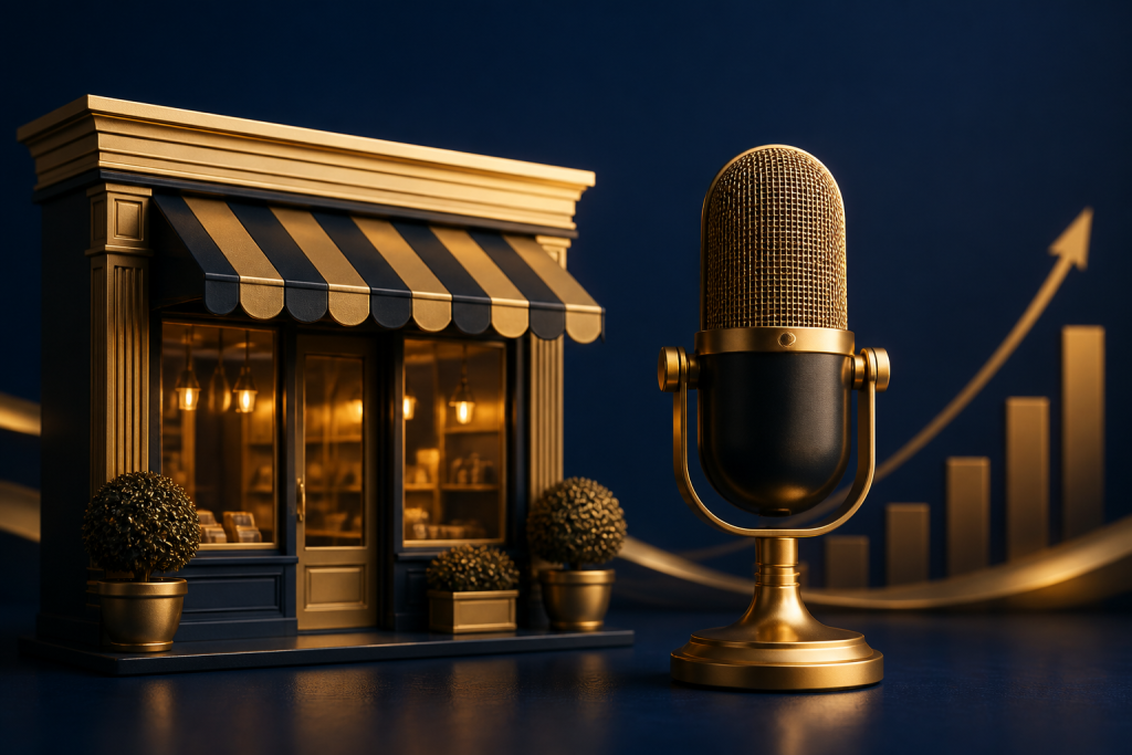 Gold storefront beside a microphone and growth chart