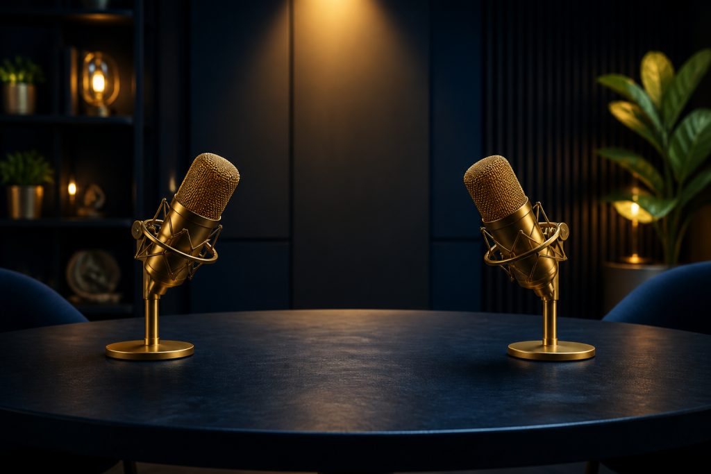 Two gold microphones on a navy conversation table