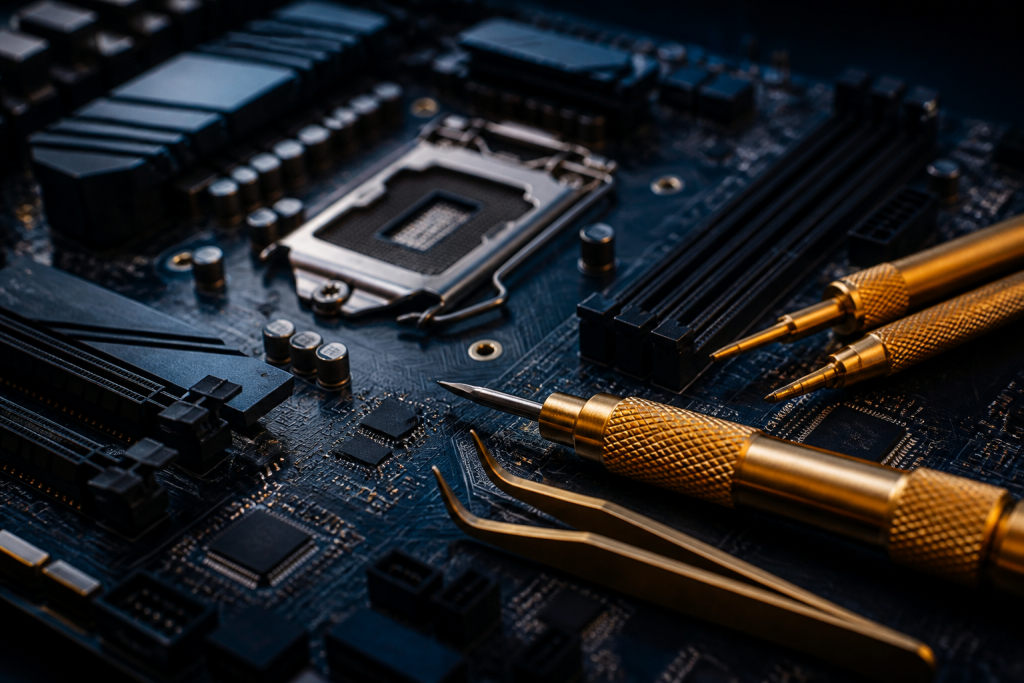 Gold precision tools on a navy motherboard