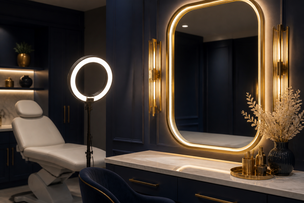 Gold clinic vanity mirror and ring light