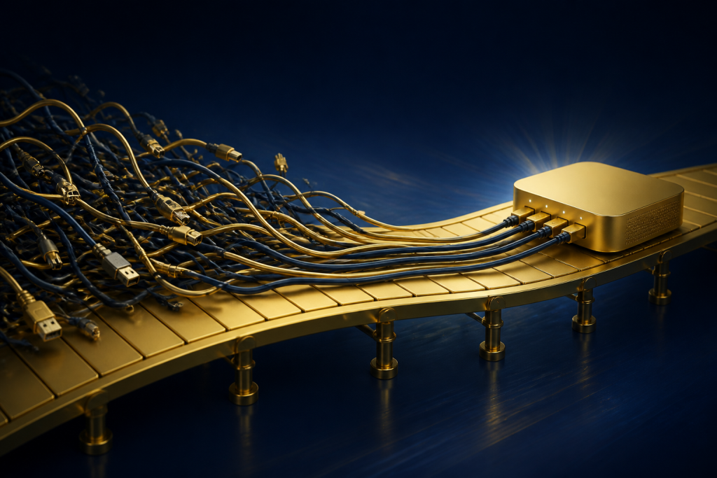 Tangled cables simplifying into a gold managed hub
