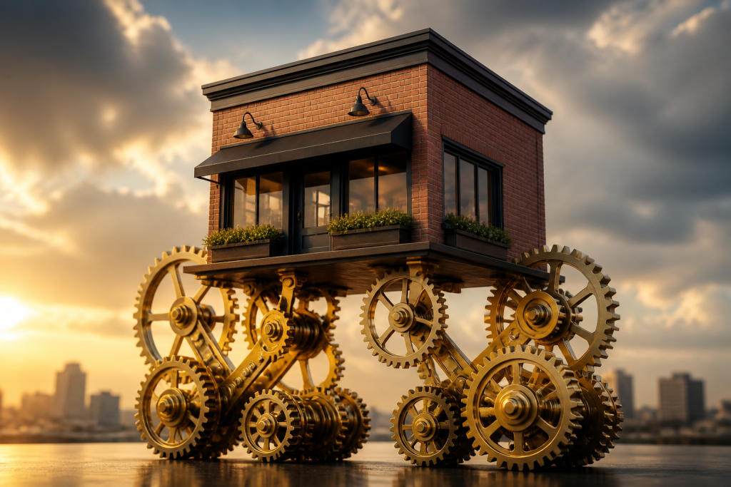 Gold gears lifting a small brick storefront