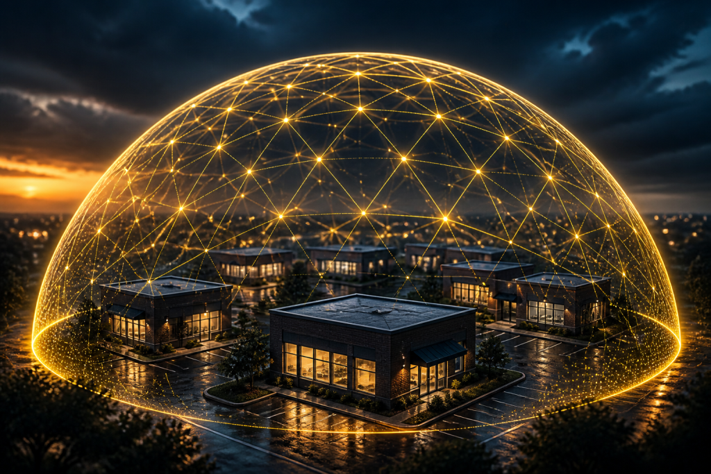 Gold AI lattice dome over small offices