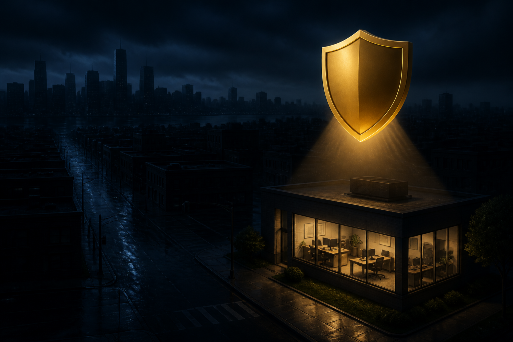 Gold shield holding light over a small office in a blackout