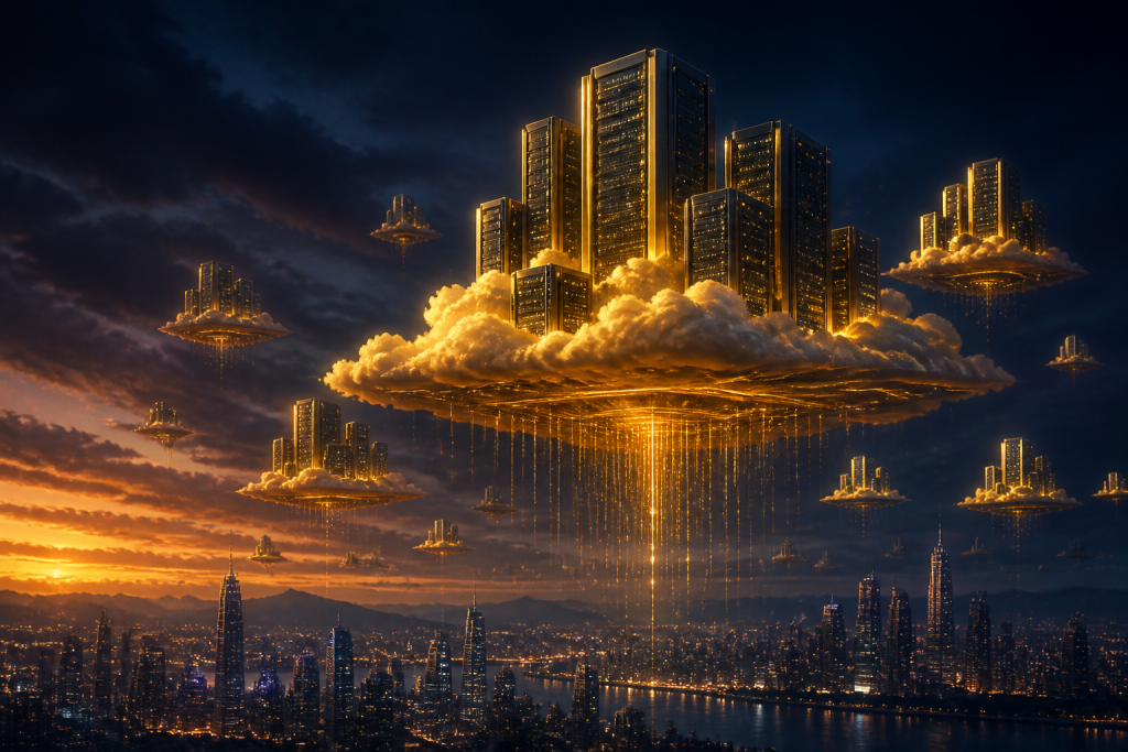 11402-cloud-chronicles Gold cloud city of floating server towers