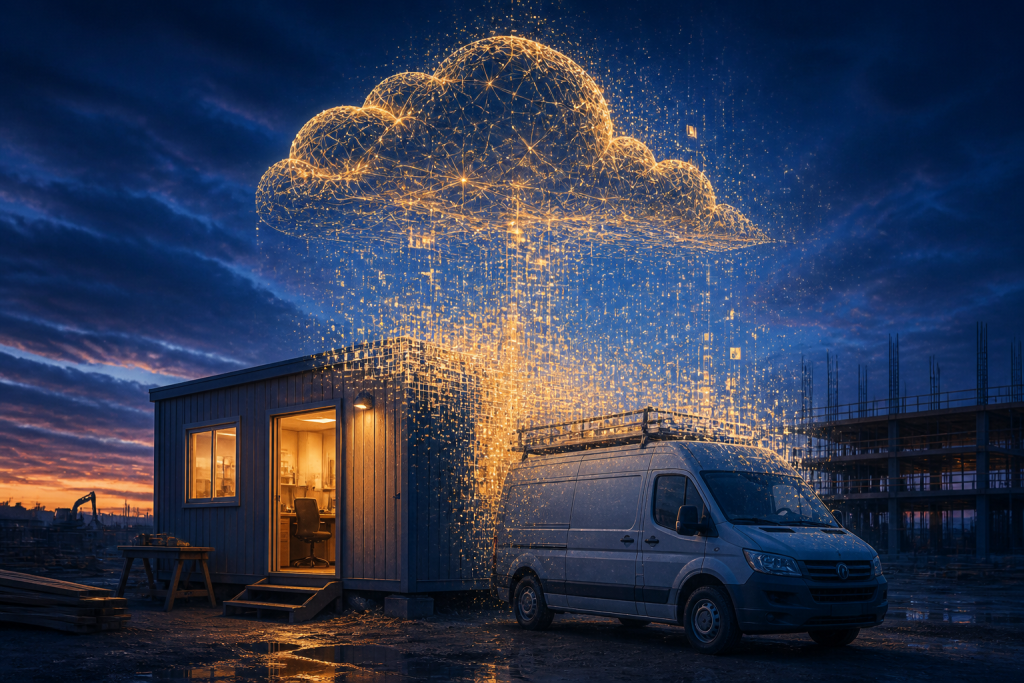 11406-cloud-case-study Contractor office and van under a gold cloud lattice