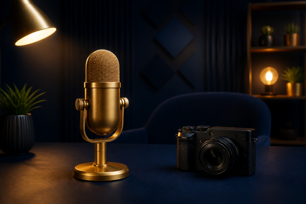11481-podcast-debut Gold microphone and camera on a navy podcast desk