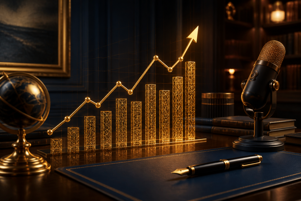 11487-wealth-part2 Gold growth chart on a navy wealth-management desk