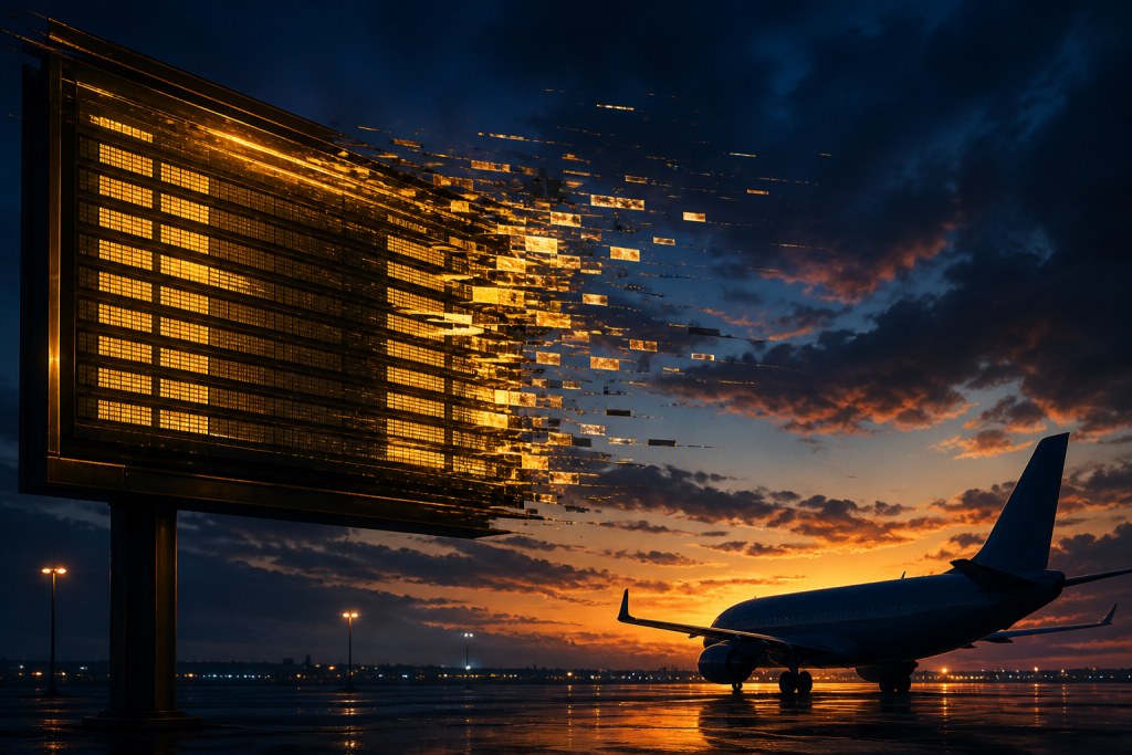 Airport board shattering into gold shards at dusk