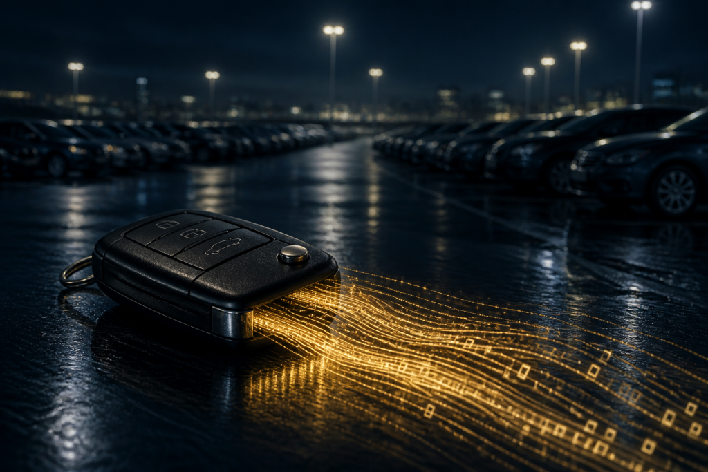 Car key fob leaking gold data in a night parking lot