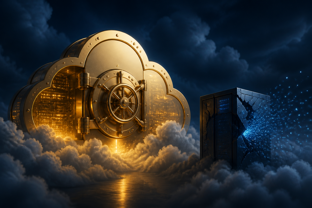 Gold cloud vault beside a cracked third-party safe