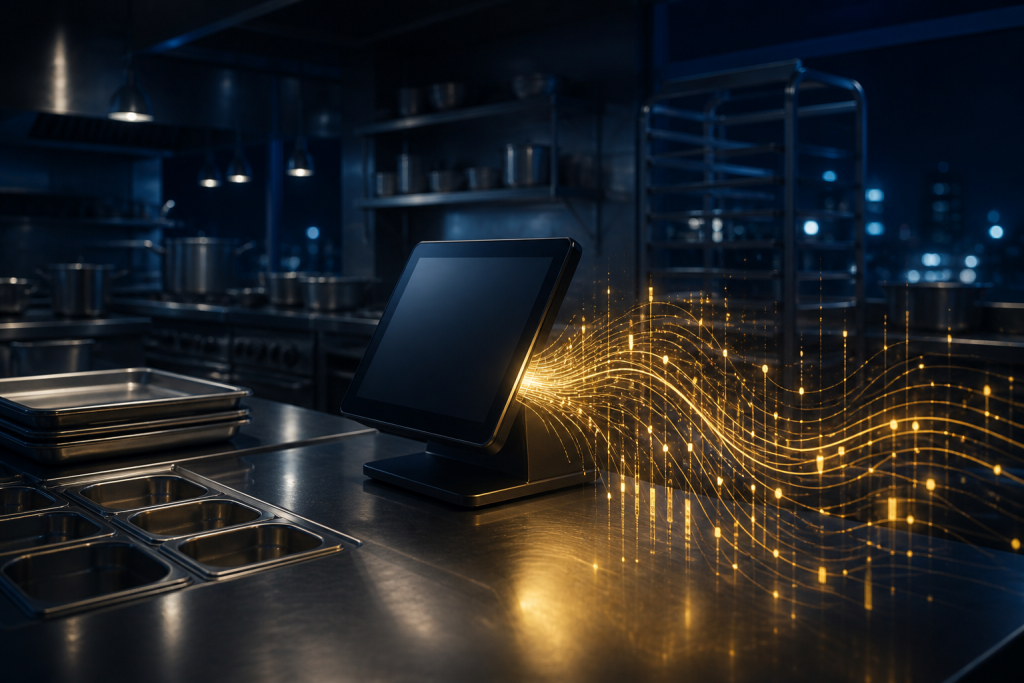 Kitchen POS tablet with a gold data stream