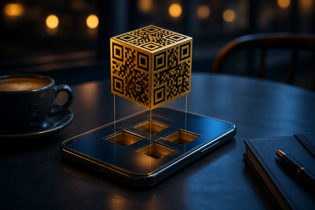 Gold QR cube hovering over a smartphone