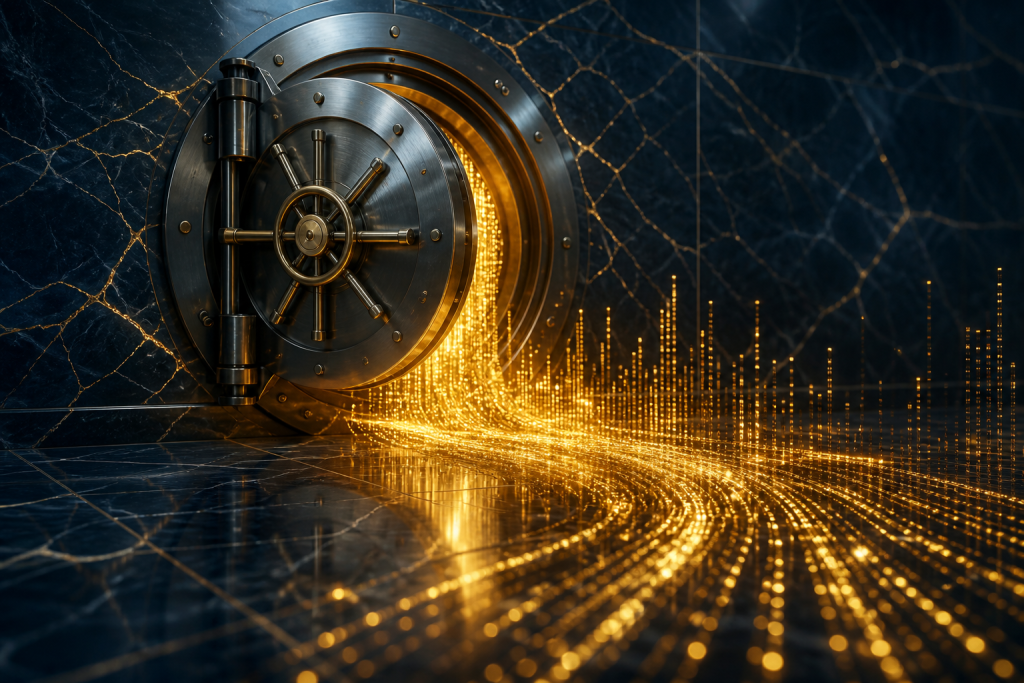 Investment vault door cracked with gold data streams