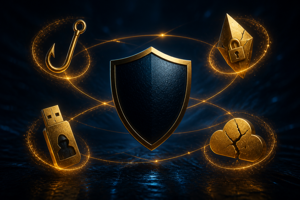 Four gold cyber threat icons around a navy shield