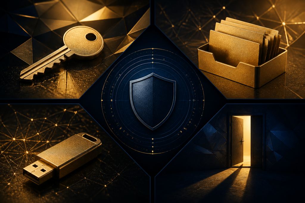 Four gold warning facets around a navy security core