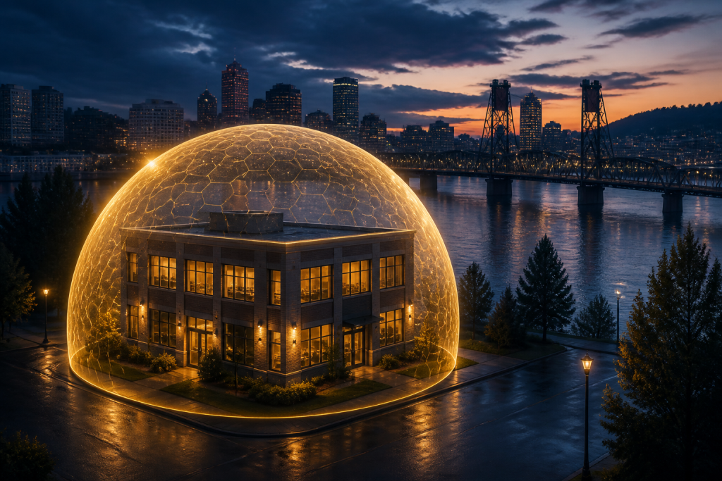 Gold protective dome over a Portland office building