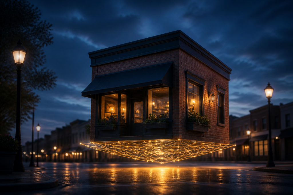 Small storefront lifted by a gold technology lattice