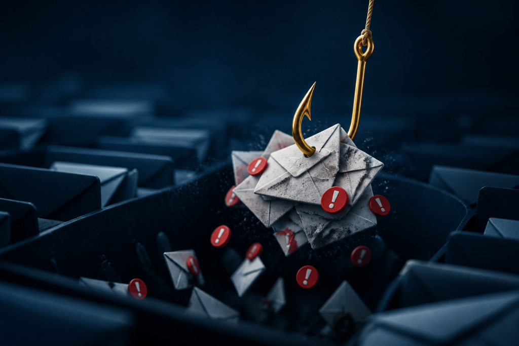 Gold fishing hook catching spam envelopes