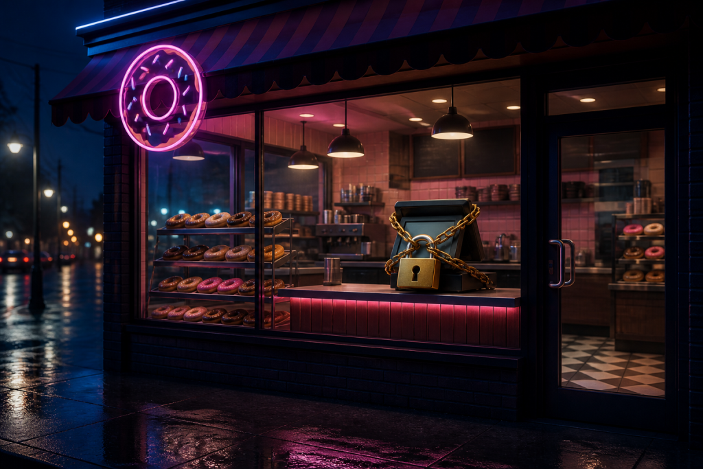 Donut shop POS locked with a gold ransomware padlock