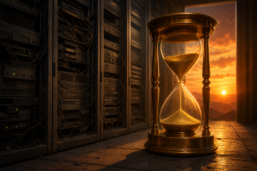 Aging mail servers with a gold hourglass running out