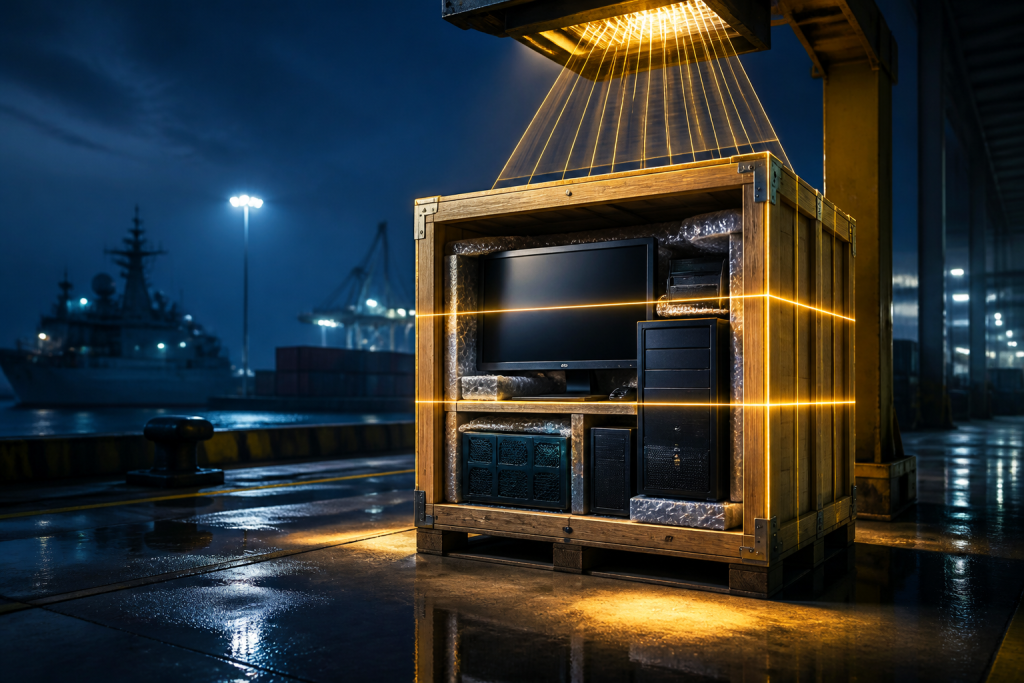 Shipping crate of computer gear under gold tax-scale beams