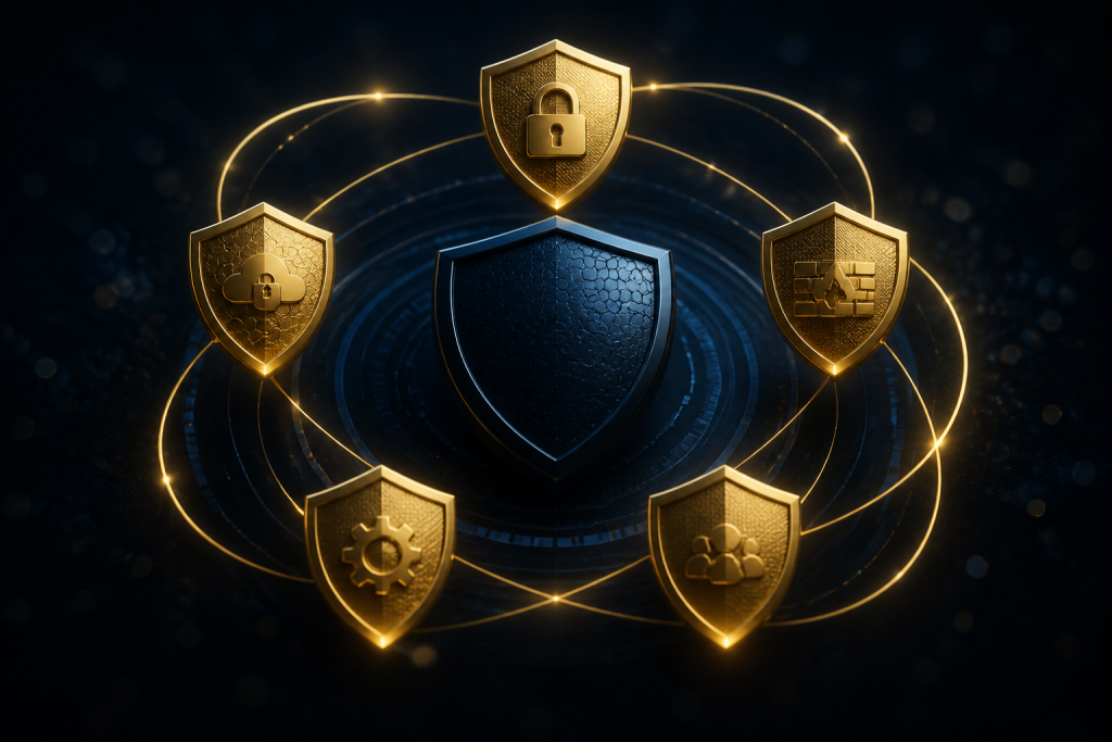 Five cybersecurity shields around a navy core