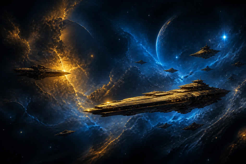 11790-eve-online Deep space fleet in a navy and gold nebula