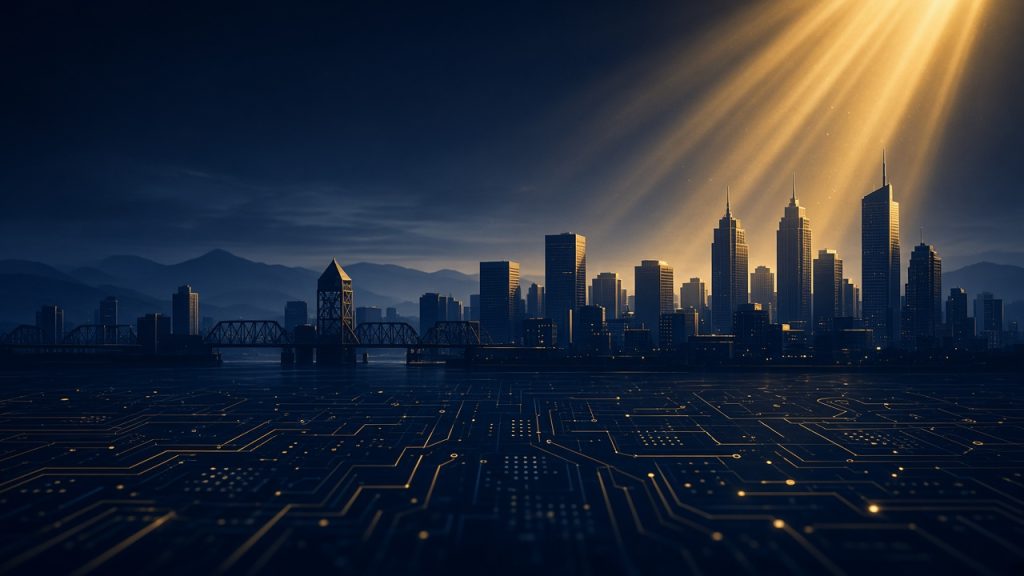 12644-managed-it-cost-portland Navy and gold Portland skyline with circuit pattern for managed IT pricing